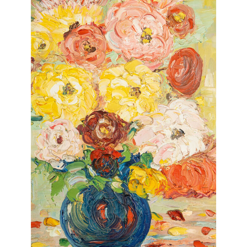 Oil on canvas vintage "Expressionist Flower Bouquet" in ash wood by Laberer, 1964