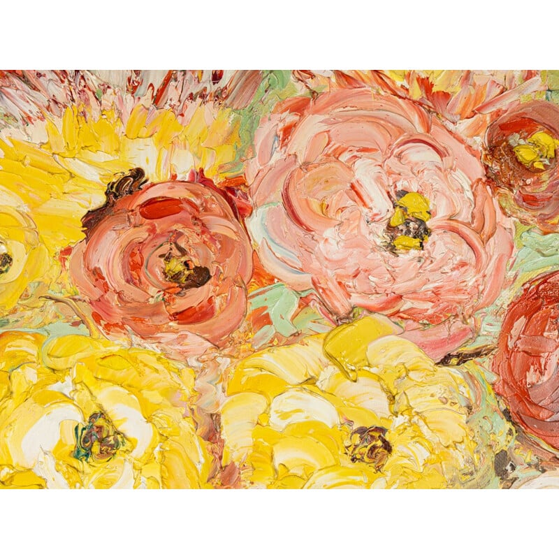 Oil on canvas vintage "Expressionist Flower Bouquet" in ash wood by Laberer, 1964