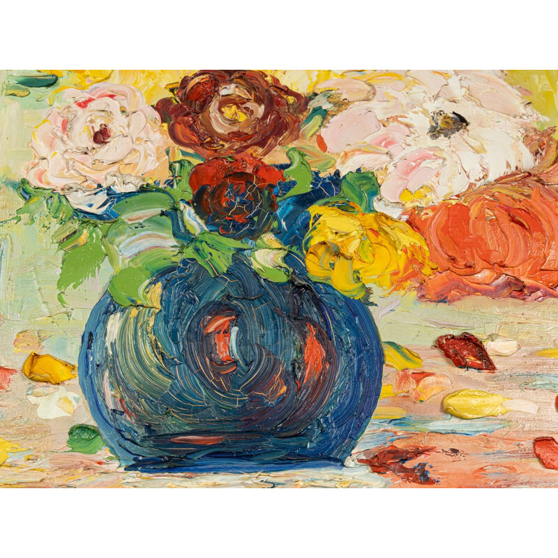 Óleo Vintage sobre tela "Expressionist Flower Bouquet" em madeira de freixo por Laberer, 1964