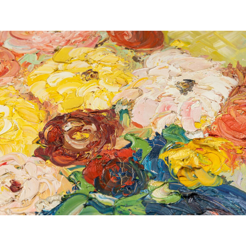 Oil on canvas vintage "Expressionist Flower Bouquet" in ash wood by Laberer, 1964