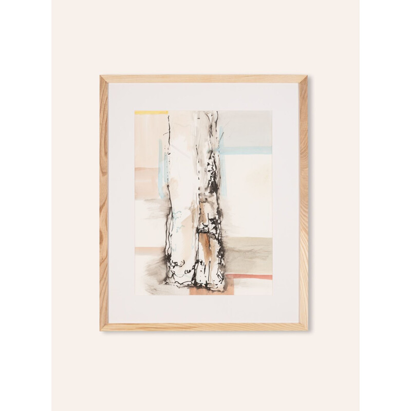 Watercolor on vintage paper "The Birch Tree" in an ash wood frame