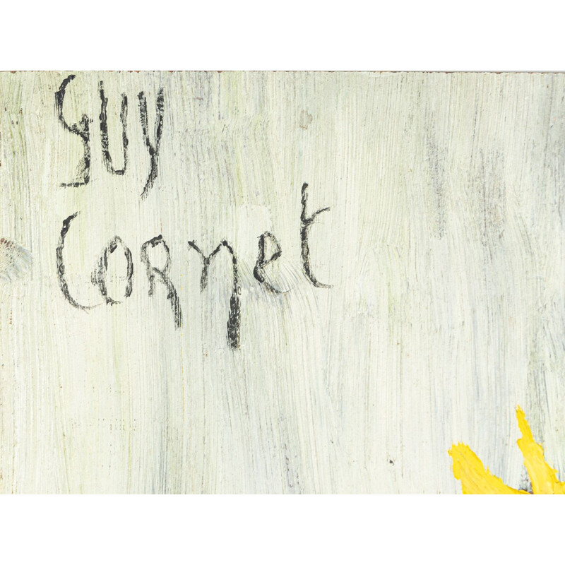 Acrylique "Cosmea" vintage sur plaque par Guy Cornet