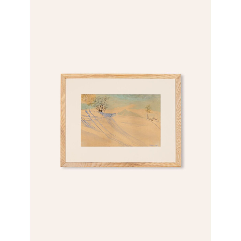 Watercolor on vintage paper "Winter Landscape" framed in ash wood by R. Ebster, 1946