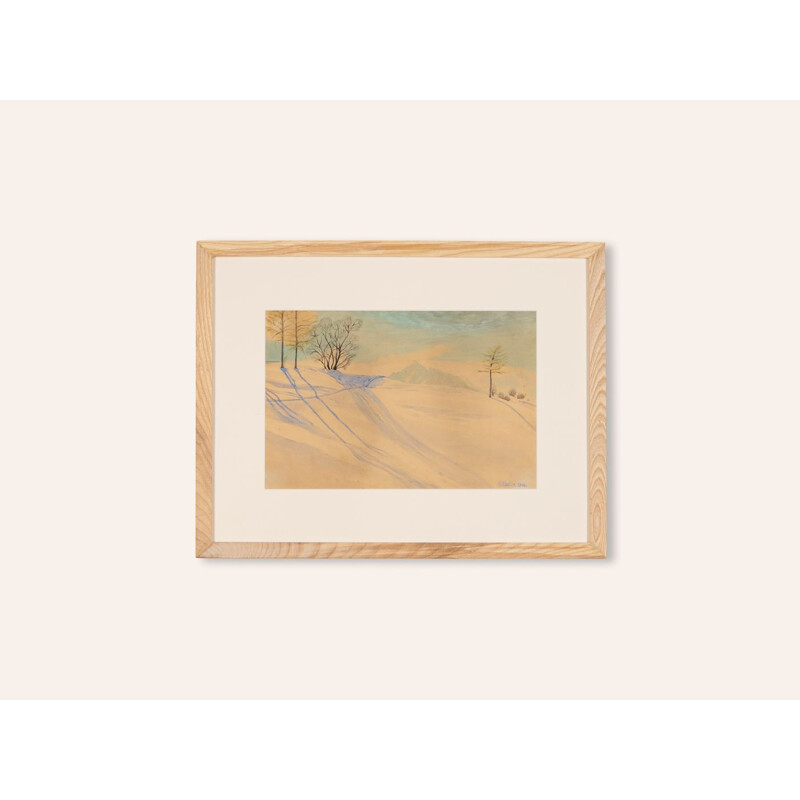 Acquerello su carta d'epoca "Paesaggio invernale" incorniciato in legno di frassino da R. Ebster, 1946