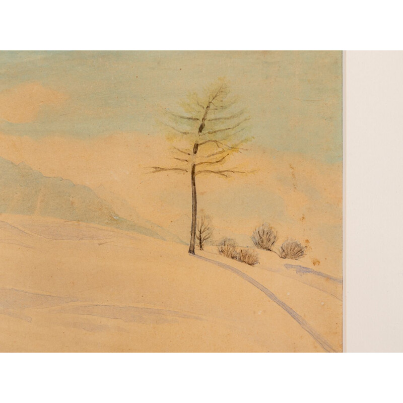 Aguarela sobre papel de vindima "Winter landscape" emoldurada em madeira de freixo por R. Ebster, 1946