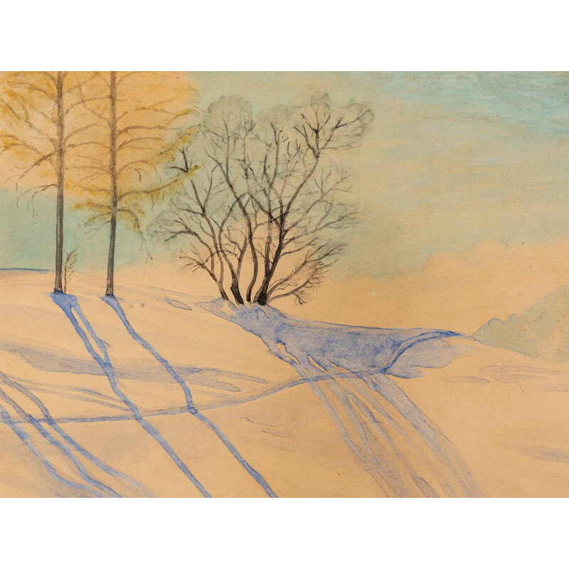 Aquarel op oud papier "Winterlandschap" ingelijst in essenhout door R. Ebster, 1946