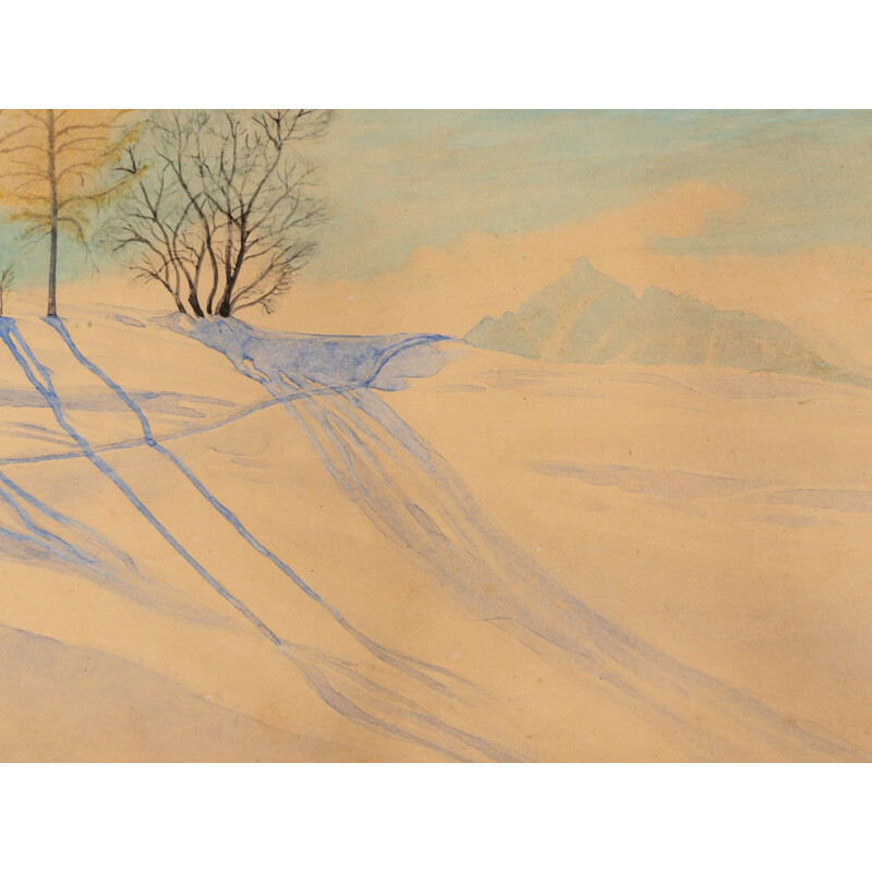 Aquarell auf Vintage-Papier "Winterlandschaft", gerahmt in Eschenholz von R. Ebster, 1946