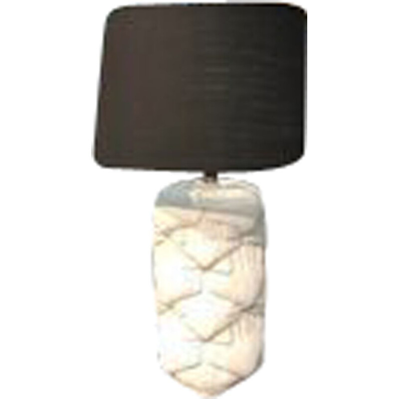 Vintage white ceramic table lamp with black palm fiber shade by Tommaso Barbi, 1970