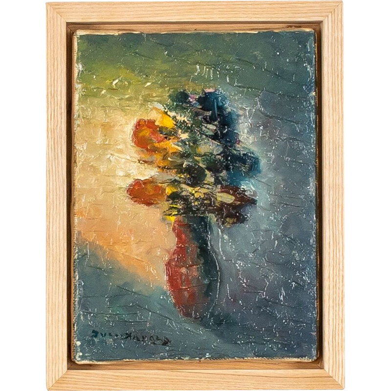 Óleo vintage sobre lienzo "Naturaleza muerta expresionista con flores" enmarcado en madera de fresno
