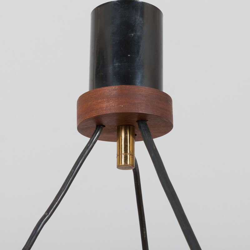 Lampada a sospensione vintage in vetro rigato e teak di Louis Kalff, 1960