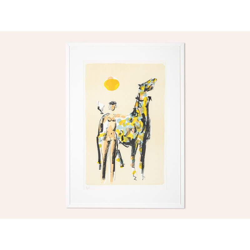 Color lithograph on vintage wooden paper Naked Rider