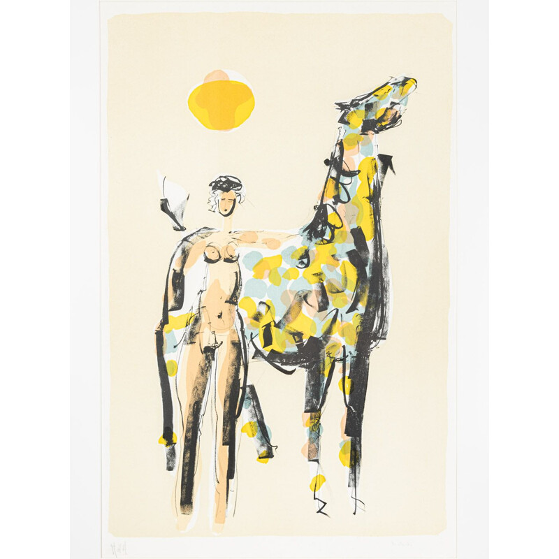 Color lithograph on vintage wooden paper Naked Rider