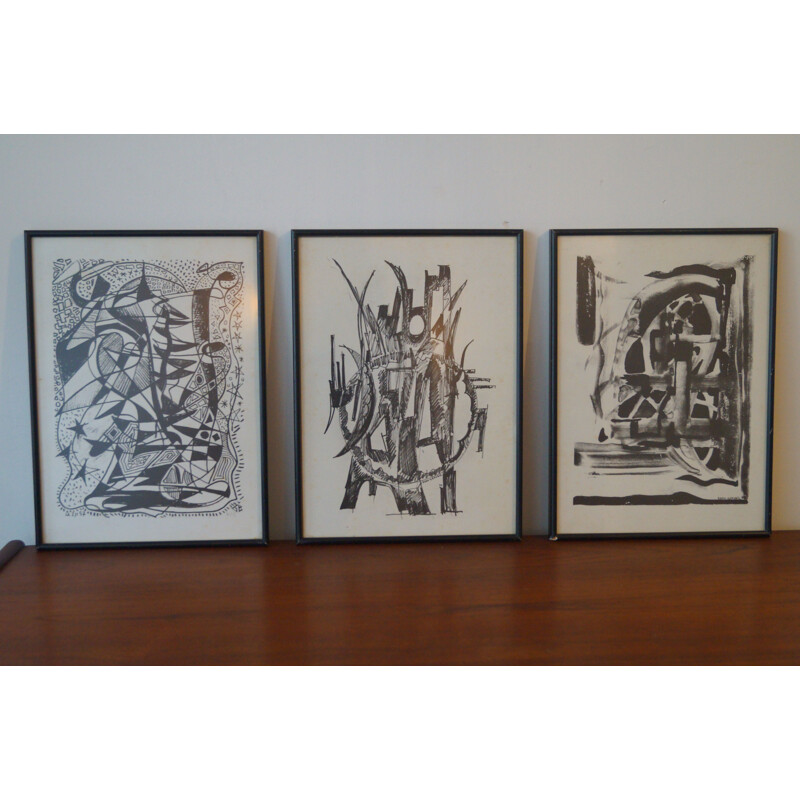 Set of 3 vintage ink triptych, China 1950s