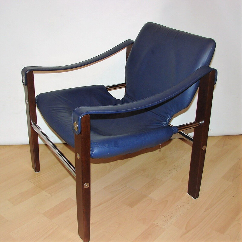 Fauteuil vintage Safari en bois et cuir par Maurice Burke, 1960