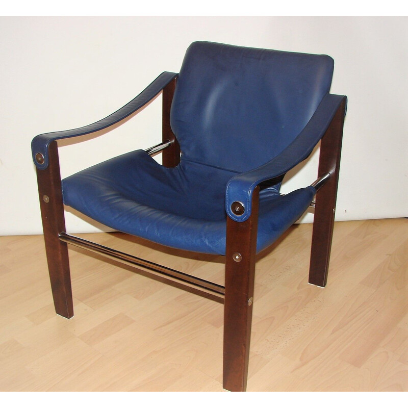 Fauteuil vintage Safari en bois et cuir par Maurice Burke, 1960