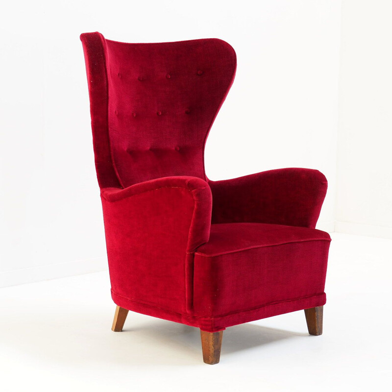 Vintage armchair in red velvet by Theo Ruth for Artifort