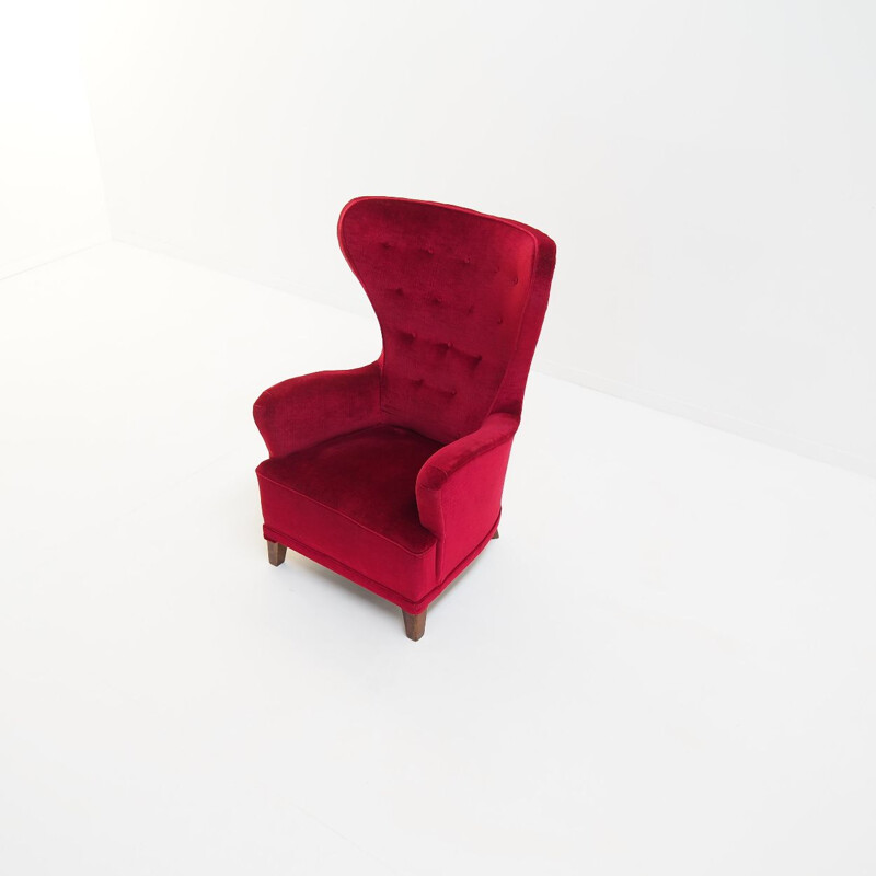 Vintage armchair in red velvet by Theo Ruth for Artifort