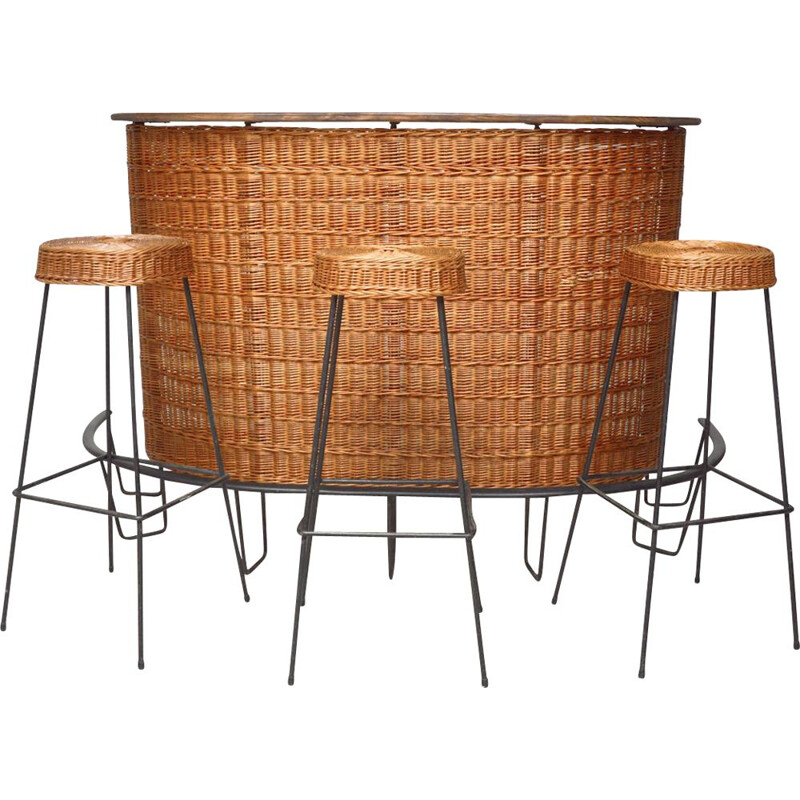 Set da bar in rattan vintage, 1950