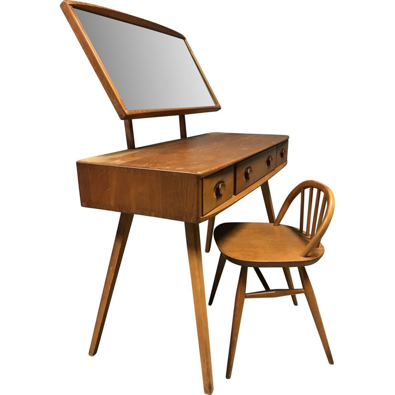 Cadeira e mesa de vestir Vintage com gavetas de vidro e madeira da Ercol, 1960
