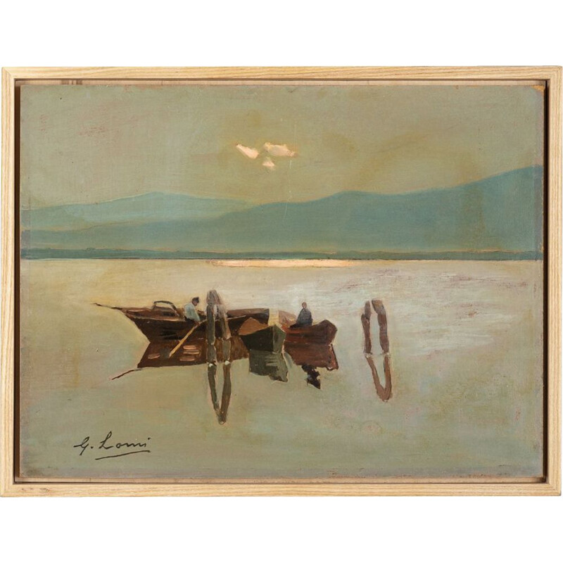 Huile sur plaque vintage "Bateaux de pêche" par Giovanni Lomi