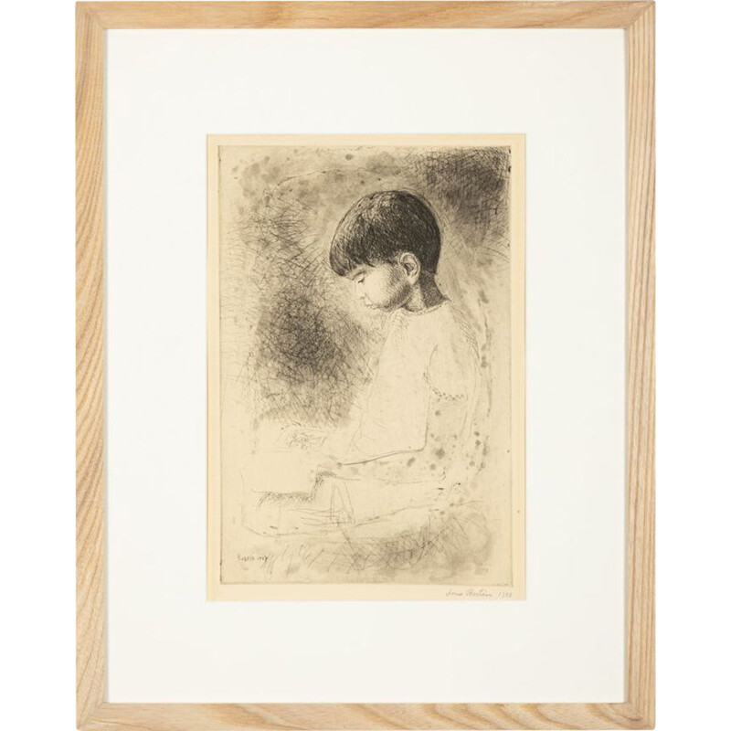 Vintage etching "Study of a boy" on ash wood paper by Louis Bastin, 1948