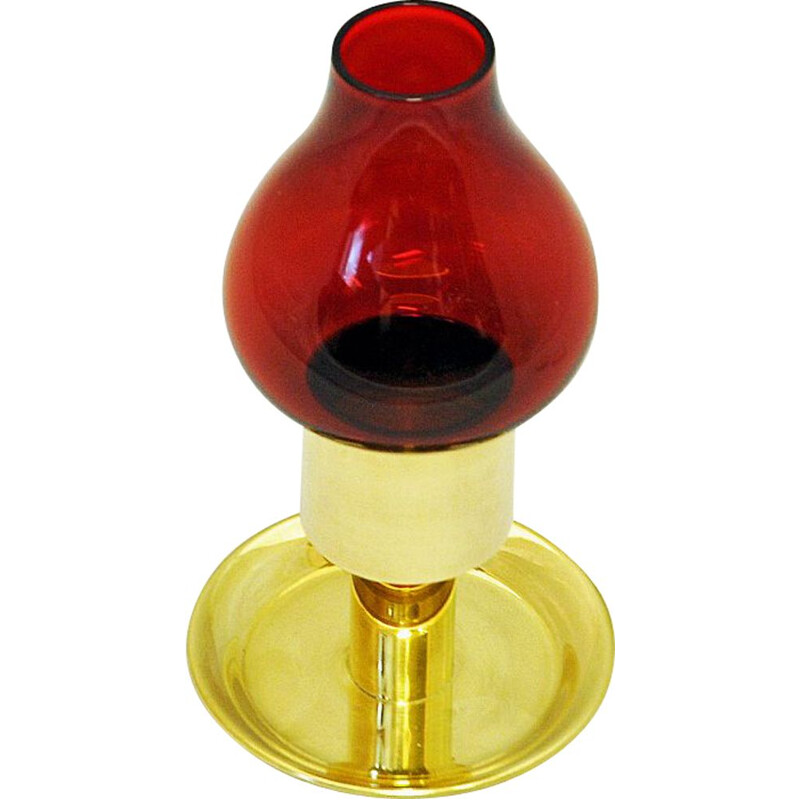 Scandinavian vintage candlestick in red glass and brass, 1960