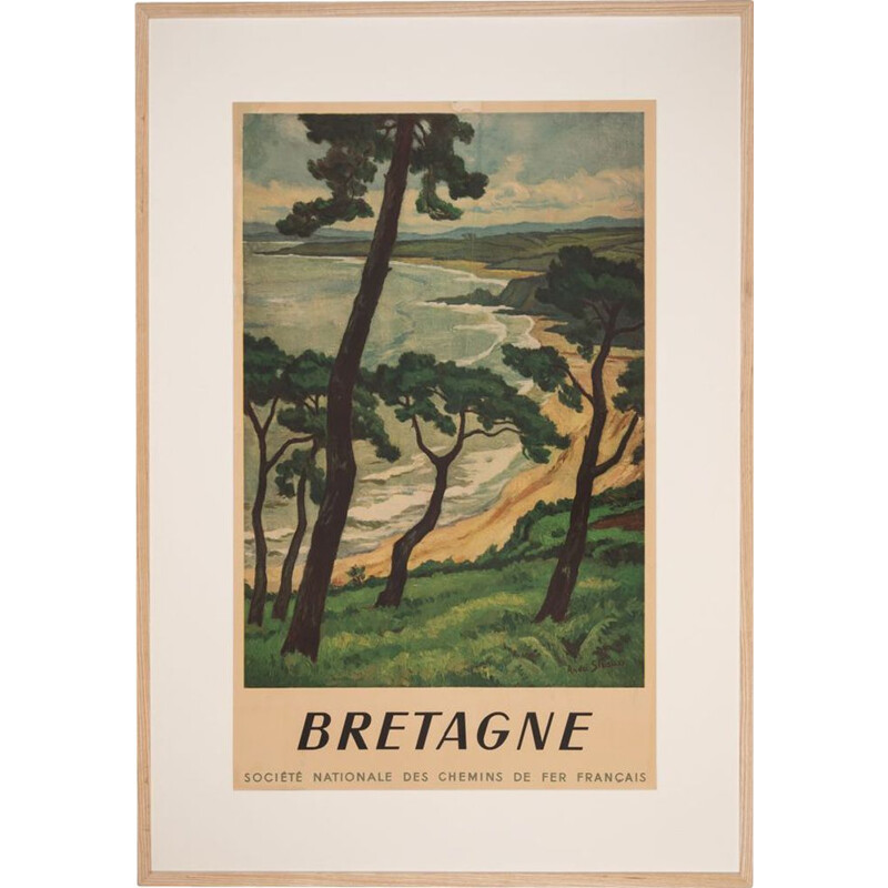 Vintage travel poster "Bretagne" framed in ash wood, France 1950