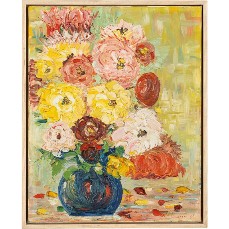Óleo Vintage sobre tela "Expressionist Flower Bouquet" em madeira de freixo por Laberer, 1964