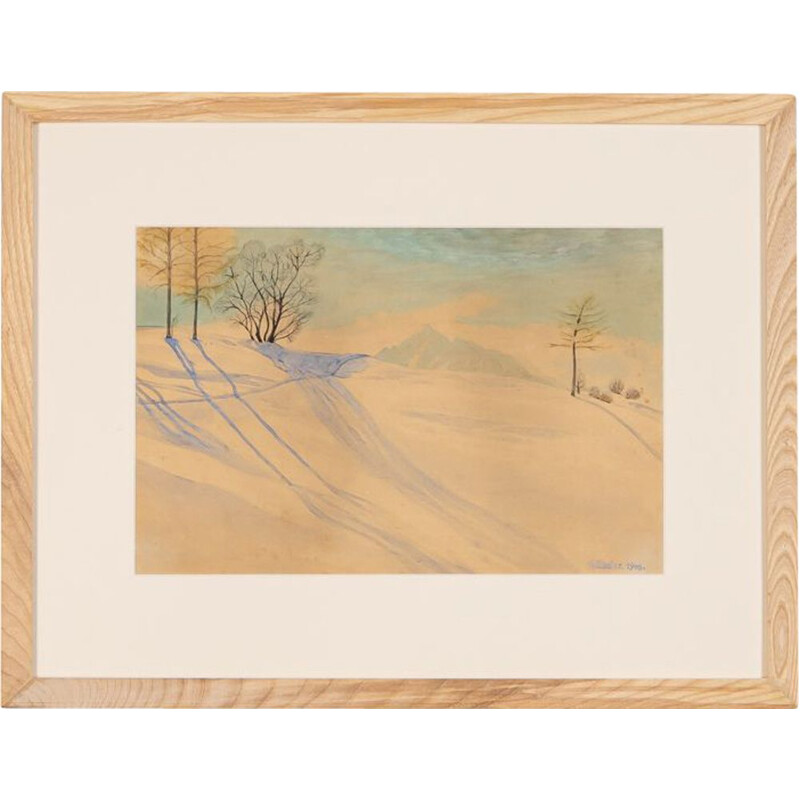 Aquarel op oud papier "Winterlandschap" ingelijst in essenhout door R. Ebster, 1946