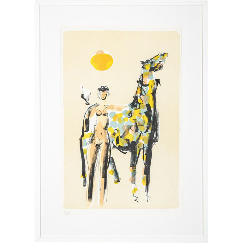 Color lithograph on vintage wooden paper Naked Rider