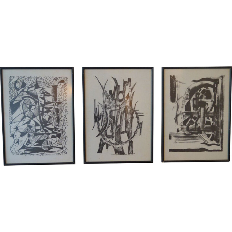 Set of 3 vintage ink triptych, China 1950s