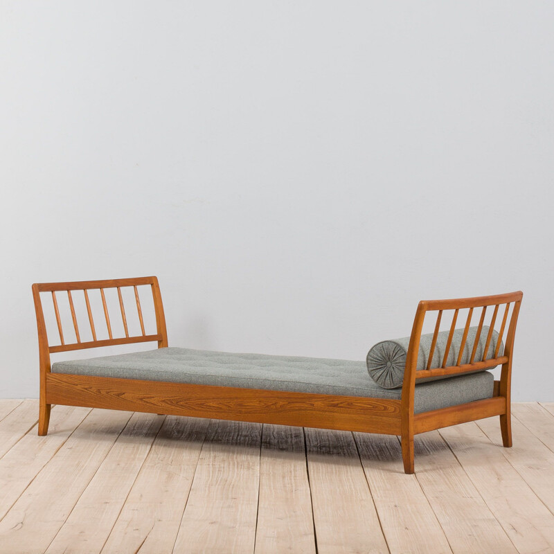 Danish vintage oakwood daybed in gray wool upholstery, Denmark 1960s