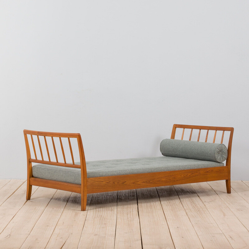 Danish vintage oakwood daybed in gray wool upholstery, Denmark 1960s