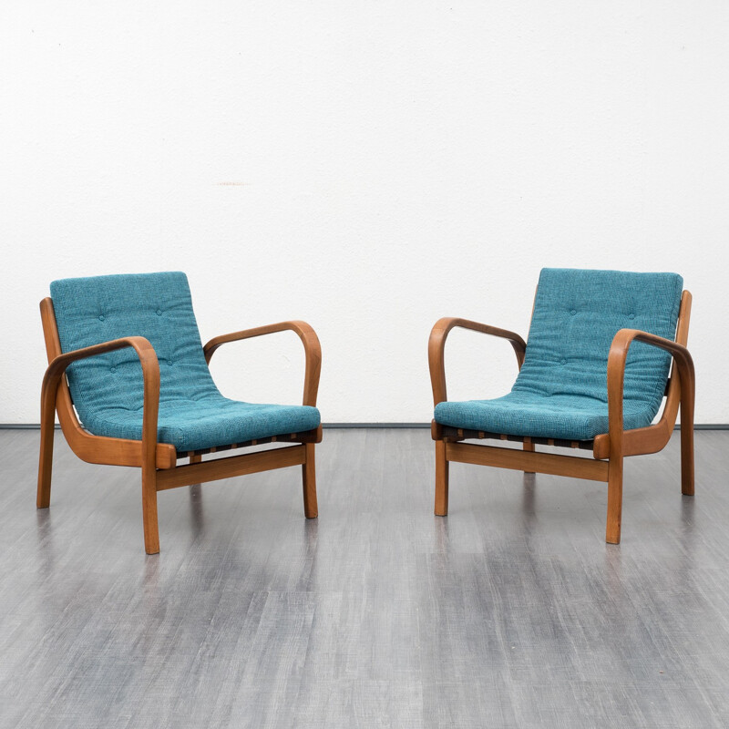 Czech armchair in oak and blue fabric, Karel KOZELKA & Antonin KROPACEK - 1940s