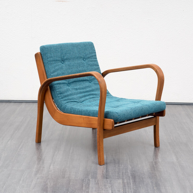 Czech armchair in oak and blue fabric, Karel KOZELKA & Antonin KROPACEK - 1940s