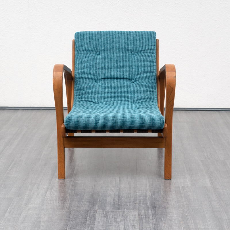 Fauteuil tchèque en chêne et tissu bleu, Karel KOZELKA & Antonin KROPACEK - 1940