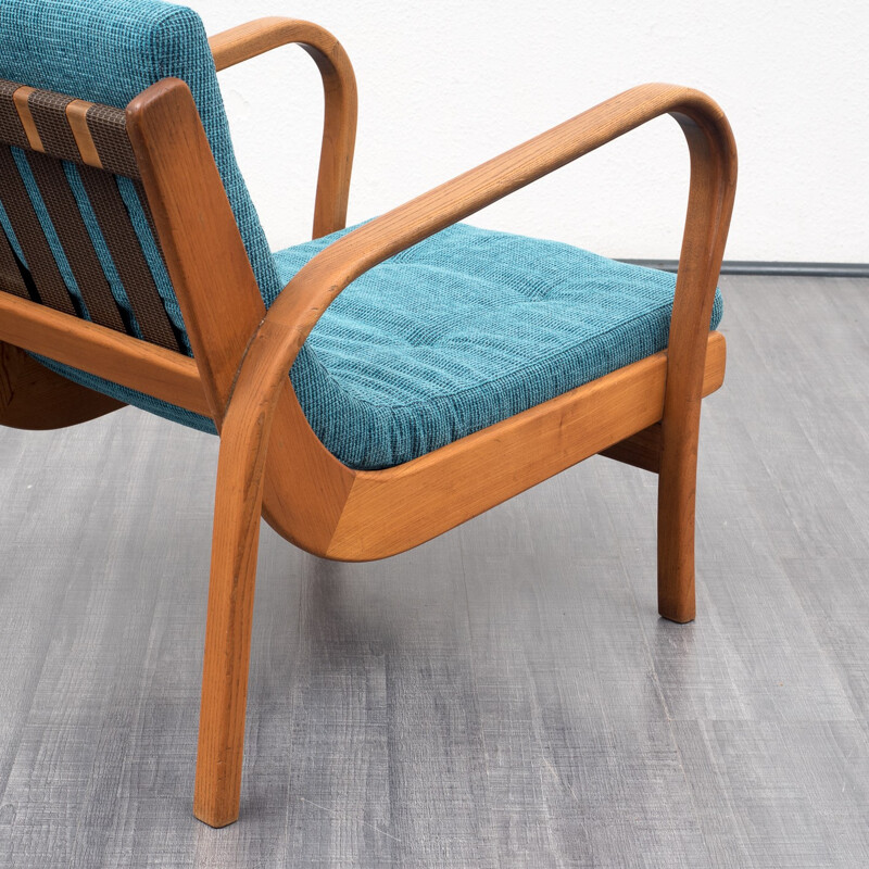 Fauteuil tchèque en chêne et tissu bleu, Karel KOZELKA & Antonin KROPACEK - 1940