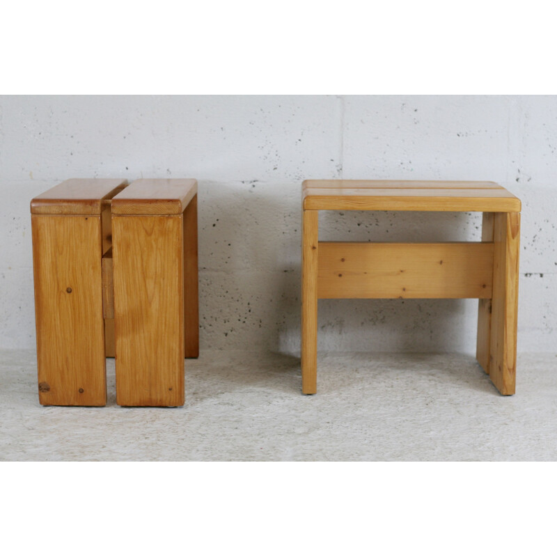 Pair of vintage pinewood stools selected by Charlotte Perriand for Les Arcs, France 1965s