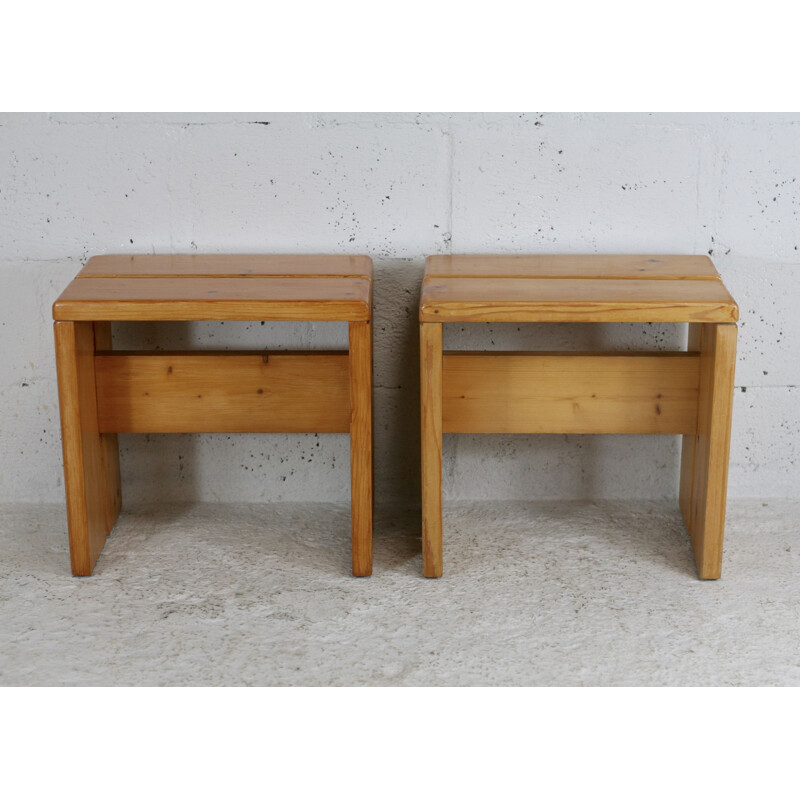 Pair of vintage pinewood stools selected by Charlotte Perriand for Les Arcs, France 1965s