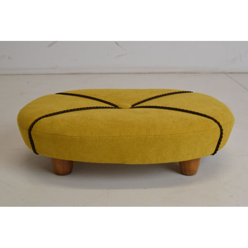 Vintage Art Deco pouf in fabric and wood, Czechoslovakia 1930s