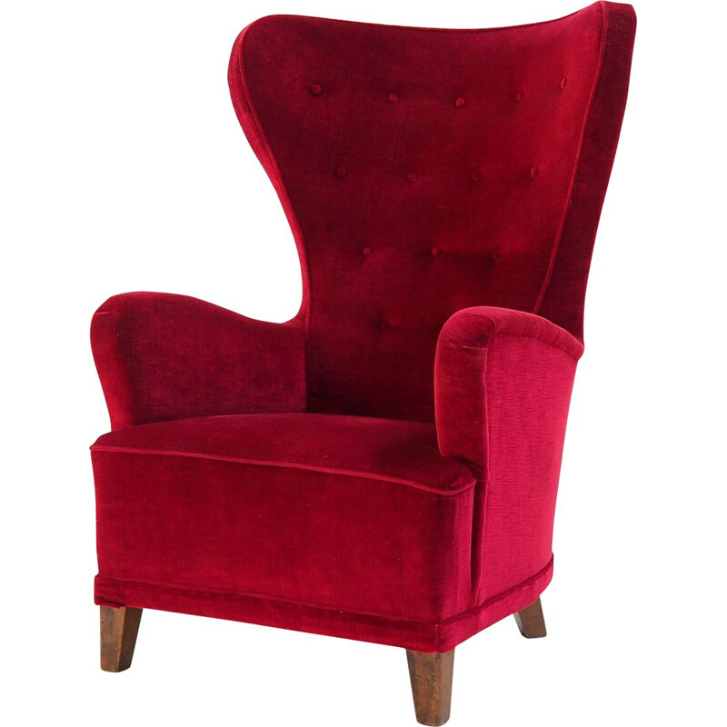 Vintage armchair in red velvet by Theo Ruth for Artifort