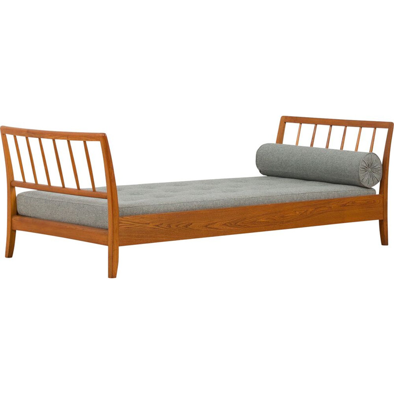 Danish vintage oakwood daybed in gray wool upholstery, Denmark 1960s