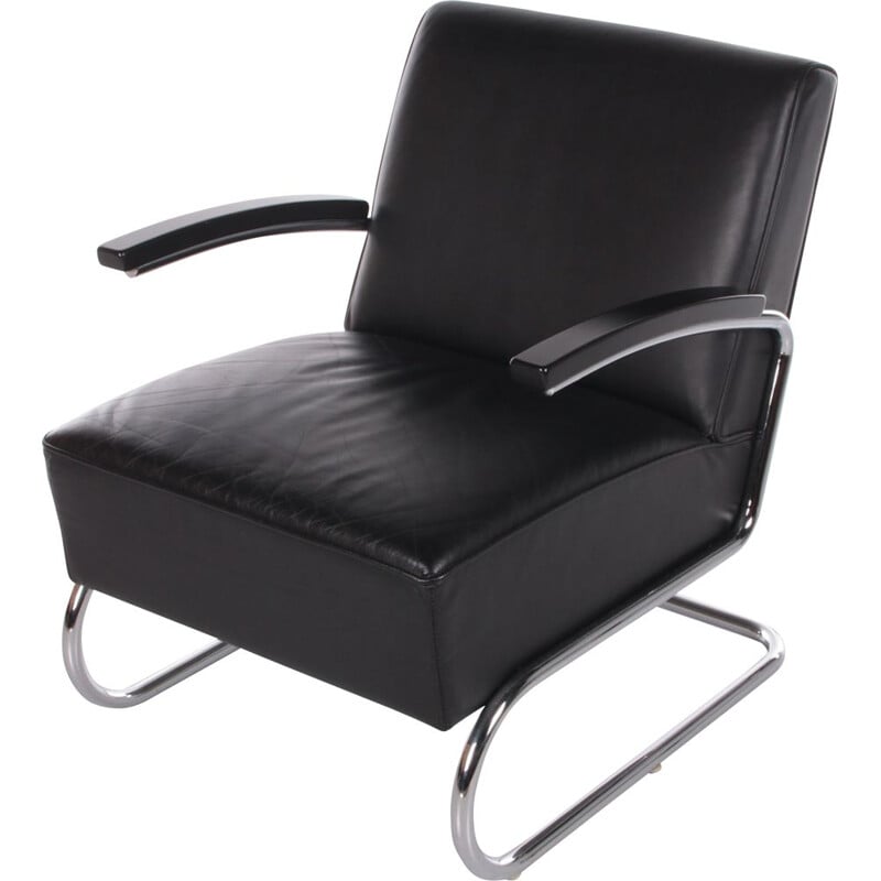 fauteuil vintage S411 en cuir noir par Thonet , 1980