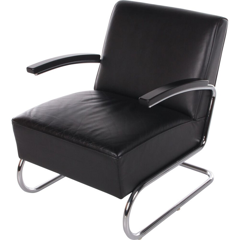 Fauteuil vintage S411 en cuir noir par Thonet , 1980