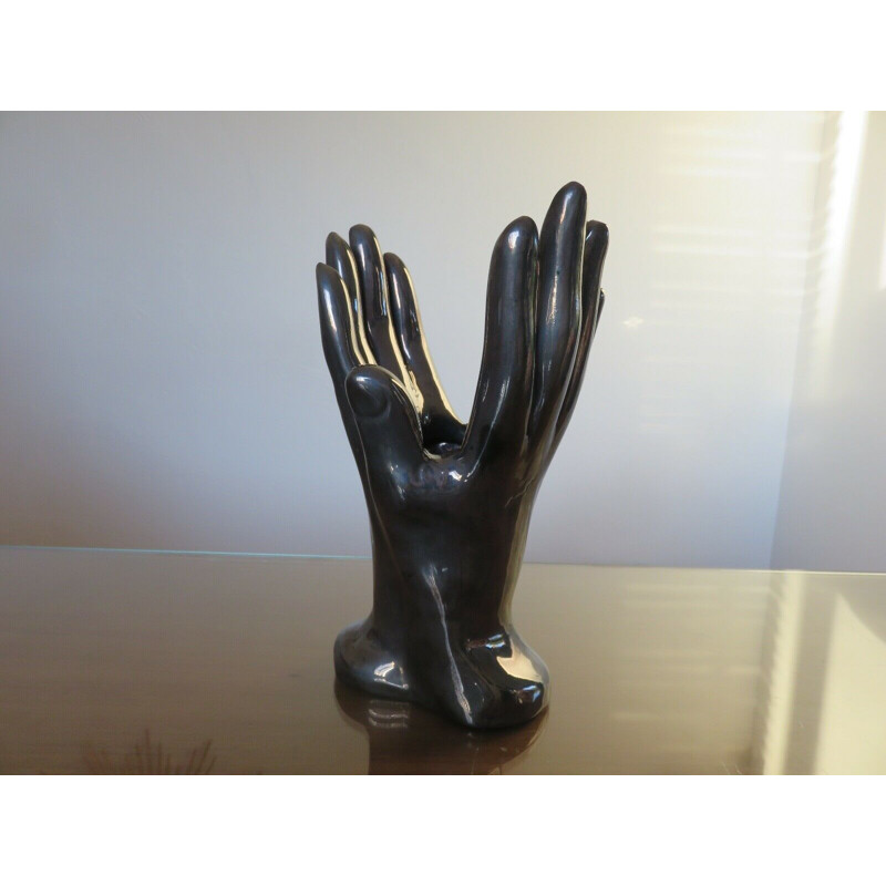 Vintage black ceramic hand shaped vase, France 1960