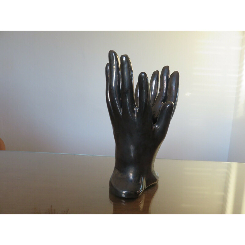 Vintage black ceramic hand shaped vase, France 1960