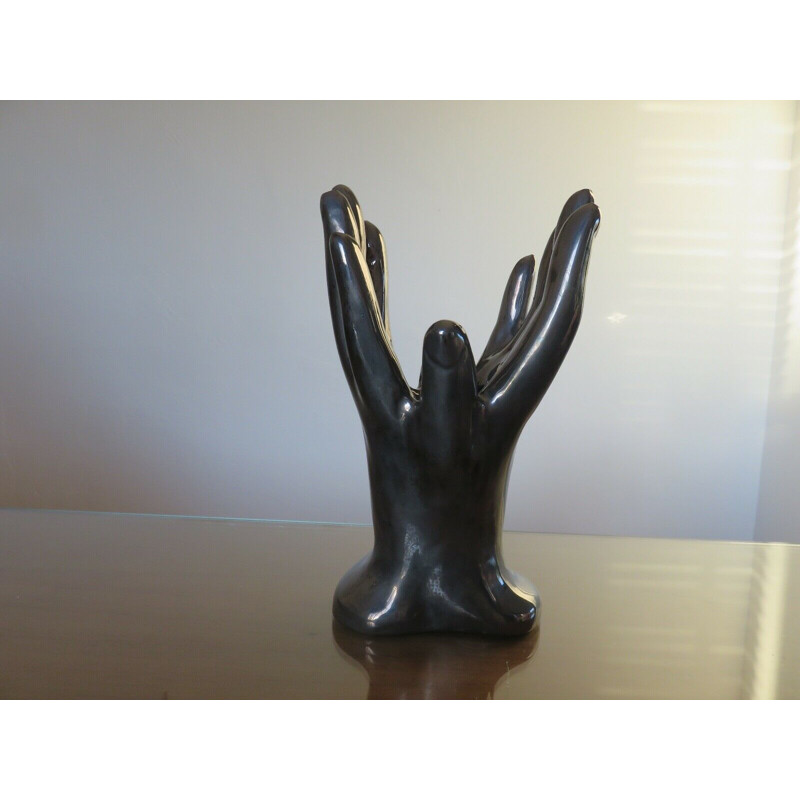 Vintage black ceramic hand shaped vase, France 1960