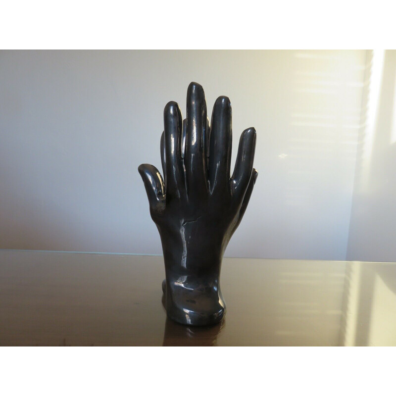 Vintage black ceramic hand shaped vase, France 1960