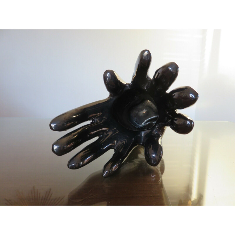 Vintage black ceramic hand shaped vase, France 1960