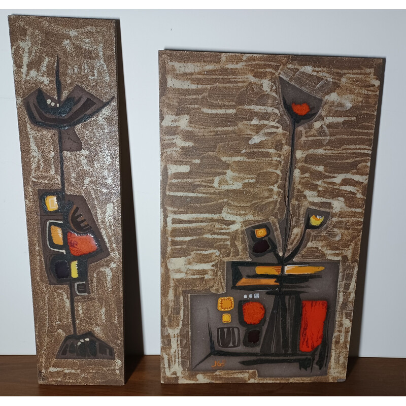 Pair of vintage glazed ceramic wall panels by Max and Dominique Picard, 1960